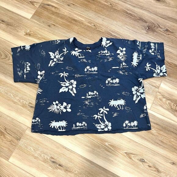 MONROW Blue Tropical Print Top Size Large - Picture 2 of 8